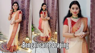 Traditional Bengali Saree Draping Tutorial for Durga Puja  Drape in 5 minutes [upl. by Piwowar]