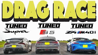 Tuned BMW Z4 m40i vs Tuned Supra 3 0 vs Tuned Audi S5 Drag and Roll Race [upl. by Gnirps]