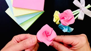 Sticky Note Origami Rose Tutorial Rose Flower Bouquet Easy Paper Rose Mini Origami Flower Bouquet [upl. by Ifok]