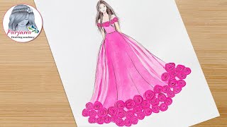 How to draw a girl with beautiful dress  Easy Drawing tutorial  Acrylic painting with Cotton buds [upl. by Ailegnave]