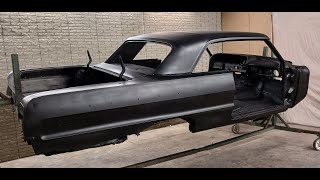 1964 Impala Restoration Part 5  Repo fenders skirts  Media blast prep tips  DP 90 epoxy primer [upl. by Arnie814]