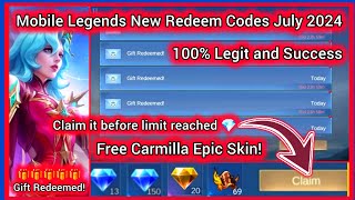 Mobile Legends Redeem Codes July 13 2024  MLBB diamond redeem code today  Free Carmilla Epic Skin [upl. by Leahcimed710]