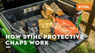 How STIHL Protective Chaps Work  STIHL Safety [upl. by Ekalb]