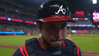 Travis dArnaud Postgame Interview After His 3 Homer Game vs Rangers [upl. by Inanaup427]