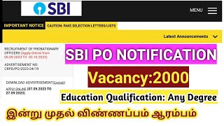 SBI PO Notification 2023 out vacancy 2000 eligibility Job details in tamil [upl. by Katzen]