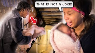 DROPPING OUR NEWBORN DOWN THE STAIRS PRANK SHE CRIED [upl. by Adnerak643]