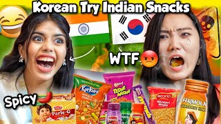 Korean 🇰🇷 tries SPICY Indian Snacks for the first time Hilarious Reaction 😂 [upl. by Abrahams]