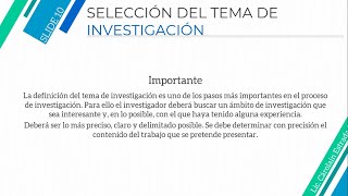 METODOLOGÍA DE LA INVESTIGACIÓN  CLASE 1  Selección del Tema de Investigación [upl. by Esyle]