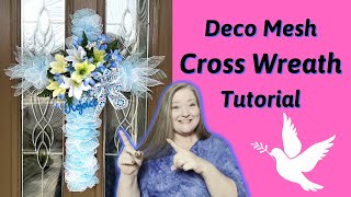 Deco Mesh Cross Wreath Tutorial  Dollar Tree Cross Wreath Form  Rejoice Cross Wreath DIY [upl. by Snave]