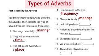 Types of Adverbs Time Place Frequency Manner  Learn to identify and practice types of Adverbs [upl. by Kciregor]