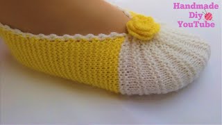 Como hacer Pantuflas con dos Agujas│Modelo de Líneas de Sandía♡Handmade Diy [upl. by Todd]