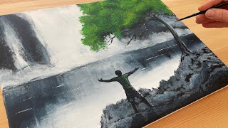 How to Paint a Tree by a Waterfall  Black and White Acrylic Painting Tutorial Step by Step  20 [upl. by Cavit143]