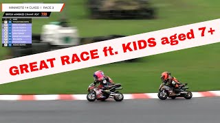 quotBabesquot on bikes in GREAT RACE ACTION 60mph Minimotos British Minibikes Champs Rd 7 Wigan [upl. by Varion]