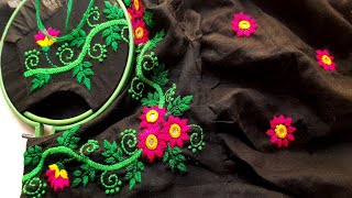 সুতি কাপড়ে হাতের কাজের ড্রেস ডিজাইনEmbroidery dress designCross stitch Fishbone stitch flower [upl. by Anabahs]