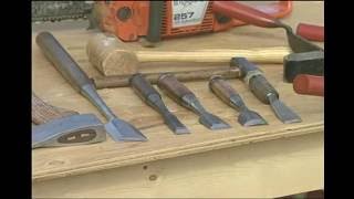 Building log cabin Hand held cutting tools Oxhead axe Broad axe Adze Framing chisels Slick [upl. by Kirrad665]