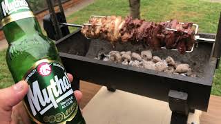 BUNNINGS Jumbuck Rondo Spit Roaster  GREEK KONTOSOUVLI with lambChicken and a Mythos BEER [upl. by Walters855]