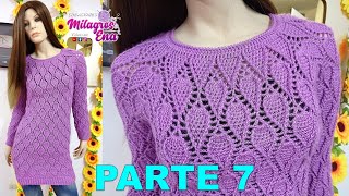 PARTE 7 Suéter o Chompa N° 6 en punto Hojas con contorno en relieves tejido a crochet [upl. by Attenwahs245]