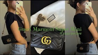 Gucci Marmont Super Mini Review pros cons what fits ways to wear etc super honest [upl. by Assetnoc303]