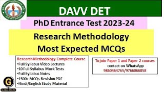 DAVV DETPhD Entrance Exam  Top 50 mcqs on Research Methodology DAVV DET Exam 2023  50 MCQs [upl. by Ambrogio]