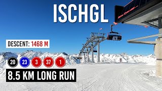 Skiing 85 km long run via pistes 20 23 3 37 1 in Ischgl Samnaun [upl. by Hgielyak908]