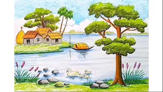 How to draw A Riverside Landscape with Oil Pastels step by step [upl. by Asinla168]