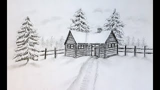 How to draw in two point perspective a log cabin in snow landscape scenery [upl. by Azal645]