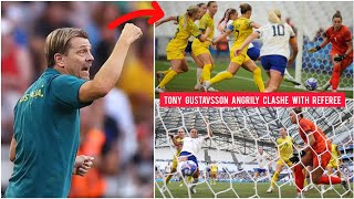 Australia Tony Gustavsson angrily clashe with referee for controversial USA goal Matildas v USA [upl. by Lerual655]