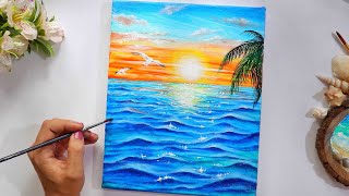 A Sunset near a Sea Painting  STEP BY STEP Tutorial for Beginners [upl. by Kirrad412]