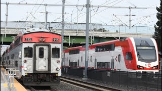 Caltrain Express New Electric EMUs and Old Diesel Trains at Speed  Lawrence [upl. by Doownel841]