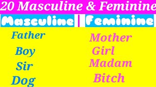 20 Masculine Feminine Gender  Masculine and Feminine  Gender Name in English for Kids [upl. by Ynogoham]