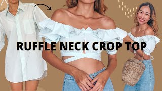 DIY Ruffle neck crop top from Mens shirt  Mens shirt refashion idea  Step by step tutorial [upl. by Ilek]