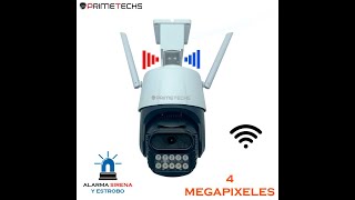 Cámara PRIMETECHS IP WIFI PTZ 4MP Alarma y Estrobo con APP ICSEE para Iphone y android Onvif [upl. by Yaf272]