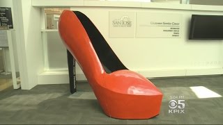 Bright Orange 8Foot Tall Stiletto Heel Installed Outside SJ City Hall [upl. by Tristam469]