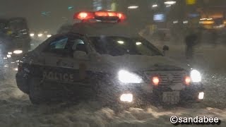 大雪の東京警視庁パトカーの目前を信号無視で逃げ切る4WD車。Flew out from a police car [upl. by Aniad108]