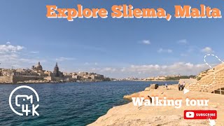 Explore Sliema Harbour  4K walking tour with the view of Valletta and hidden rock beach [upl. by Derinna658]