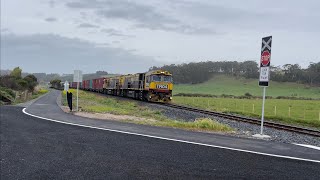 TasRail TR04 TR03 36 train alongside the Bass Highway [upl. by Goddord]