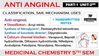 Anti anginal drugs complete  Chapter 1 Unit 2  medicinal chemistry 5th semester  Carewell [upl. by Aretina582]