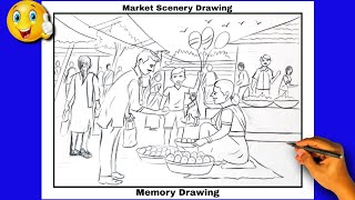 Memory Drawing  Market Scenery Drawing  Elementary grade exam drawing स्मरणचित्र  बाजारतील दृश्य [upl. by Razaele]