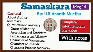 Samaskara by UR Ananth Murthy complete summary with important questions and answers [upl. by Poppy]