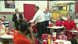 Obama surprises diner orders chili dogs [upl. by Ahsikit]