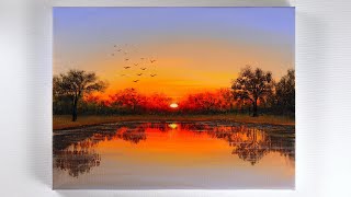 Sunset Painting  Sunset Reflection Painting  Sunset on the Lake Acrylic Painting [upl. by Doralyn692]