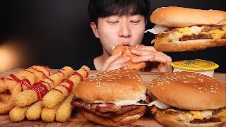 ASMR MUKBANGㆍ오늘은 햄버거 🍔🍔롯데리아 햄버거 롱치즈스틱 오징어링 먹방ㆍBacon mozzarella burger cheeseburger EATING SOUND [upl. by Anadal344]