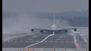 Airbus A380 Extreme weather crosswind landing and takeoff Lots of Snow spray [upl. by Neoma510]