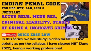 IPC ACTUS REUS MENS REA CRIMINAL LIABILITY STAGES OF CRIME amp INCHOATE CRIMES UGCNET LLB LLM [upl. by Barnabas]