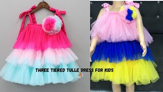 HOW TO CUT AND SEW LAYERED TULLE DRESS FOR KIDS WITH TULLE POM POM [upl. by Attevad]