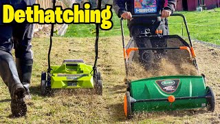 Dethatching before Overseeding Spring Overseed preparation Sun Joe Cordless Dethatcher is a beast [upl. by Ytissahc]