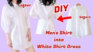 Refashion DIY Mens Shirt into White Fitted Waist Shirt Dress  Thrifted Transformationsㅣmadebyaya [upl. by Socram852]