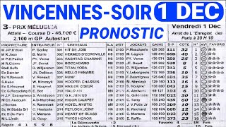 Programme 01 Déc Pronostic Quinté du demain VINCENNES  SOIR [upl. by Udale]