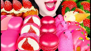 ASMR Pink Strawberry Dessert Macaron Marshmallows 핑크 딸기 디저트 먹방 Mukbang Eating [upl. by Dnaltroc935]