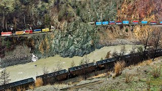 BUSY TRAIN MEET IN THE THOMPSON CANYON Thru Tunnels Curves amp More [upl. by Yssirhc]